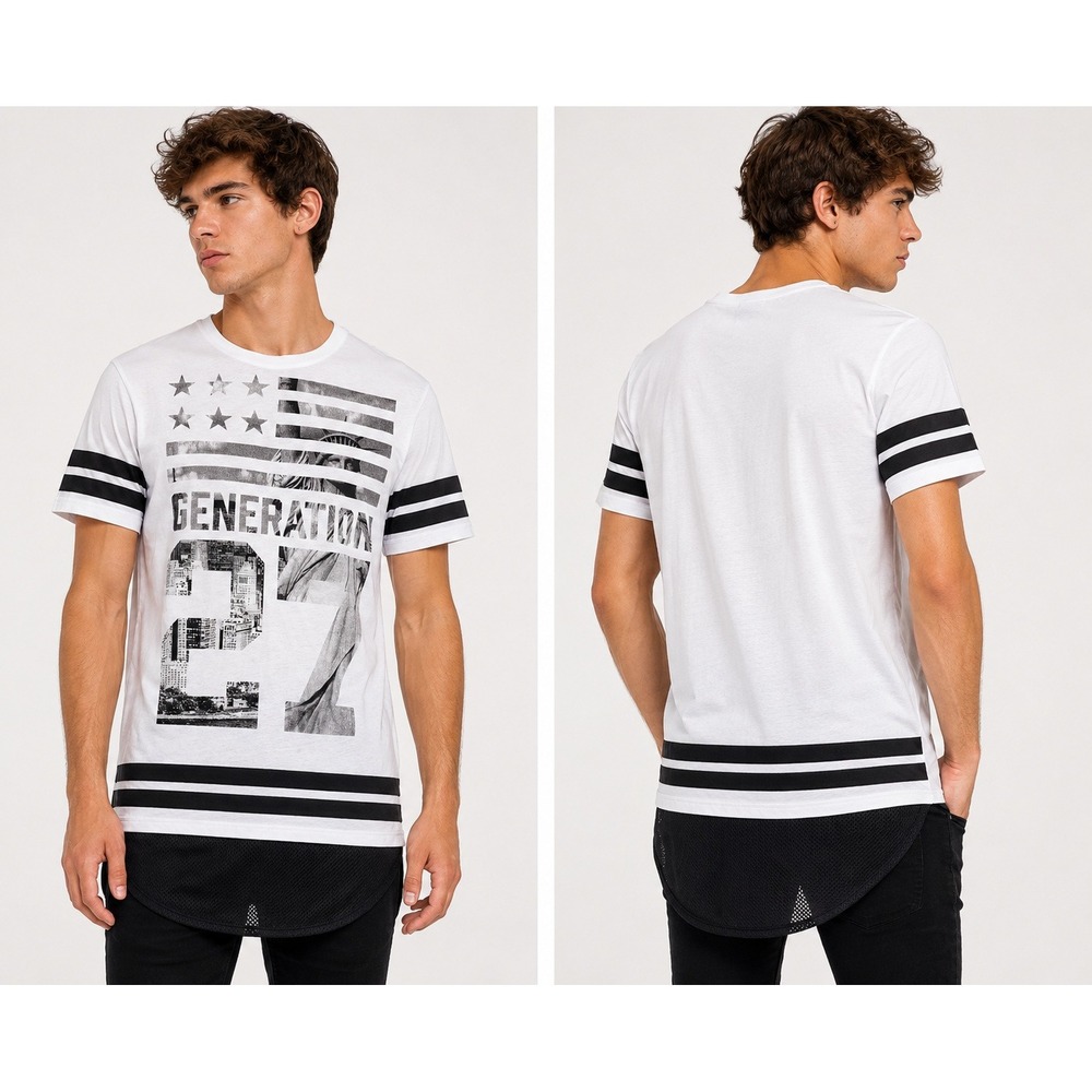 HM Divided Mens White Generation 27 Graphic Tee Mesh Drop Hem Shirt Medium